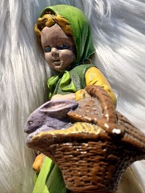 Girl Basket Bunny Rabbit Chalkware Plaster Statue Figure Decor mcm Green Yellow